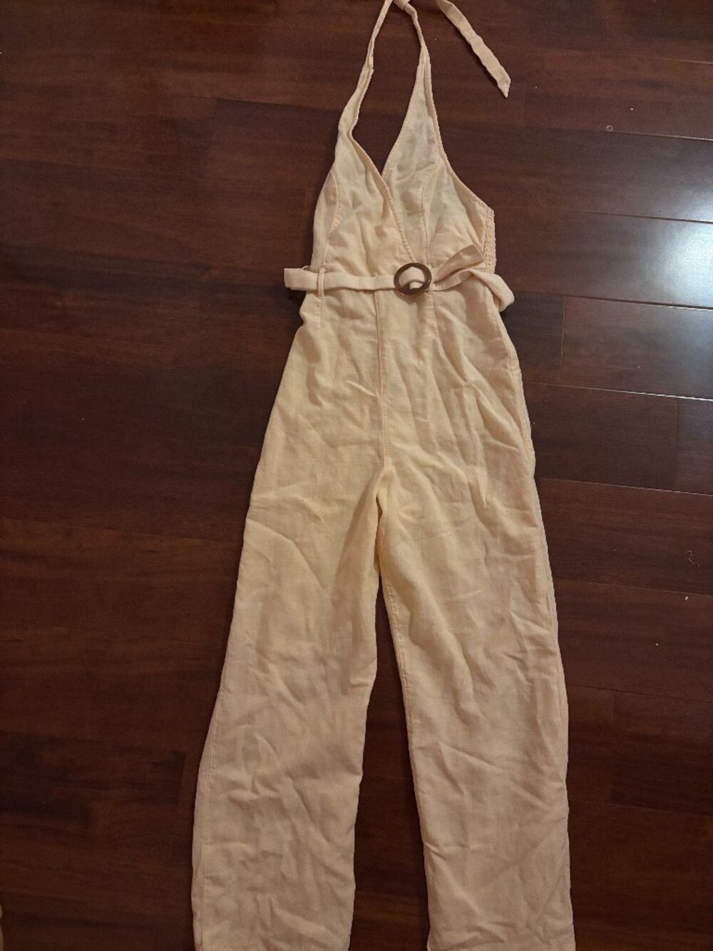 American Eagle Butter Yellow Linen Halter Tie-Back Belted Jumpsuit Women's XS